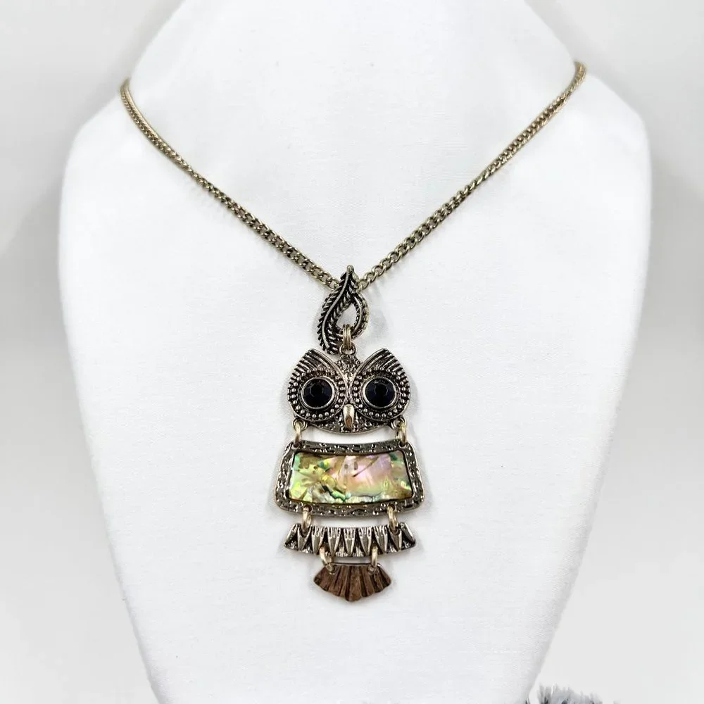 Abalone Inlayed Jointed Owl Pendant Antiqued Gold Tone 30” Chain Necklace - Picture 2 of 7